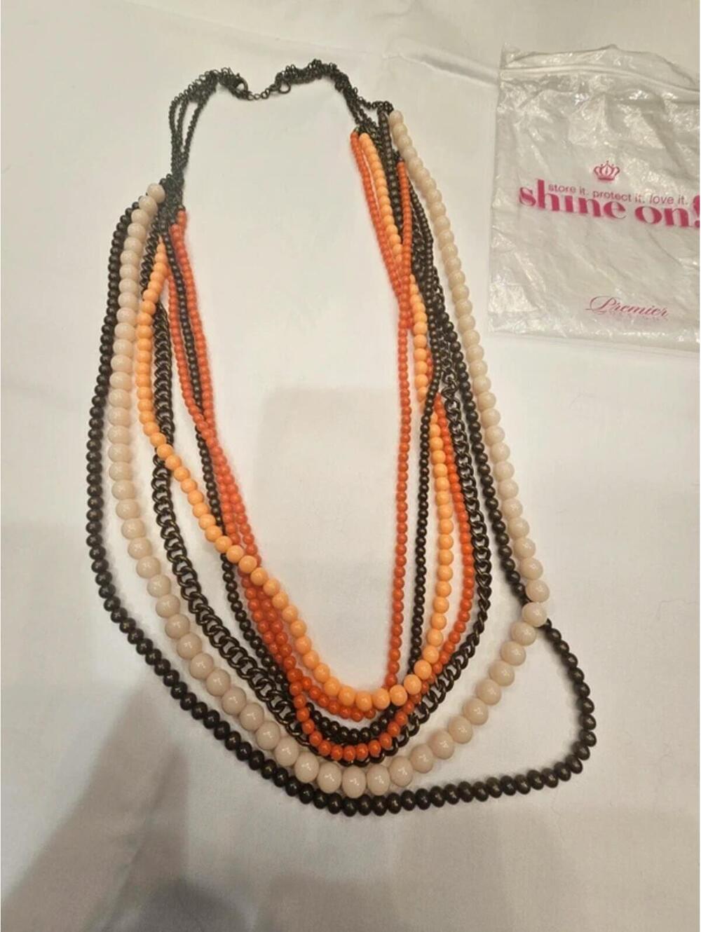Premier Designs Orange, Cream & Black Multi-Strand Beaded Necklace